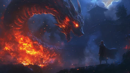 Digital painting of fiery dragon confronting lone warrior at night.