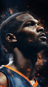 Hyperreal basketball portrait with glowing ember atmosphere