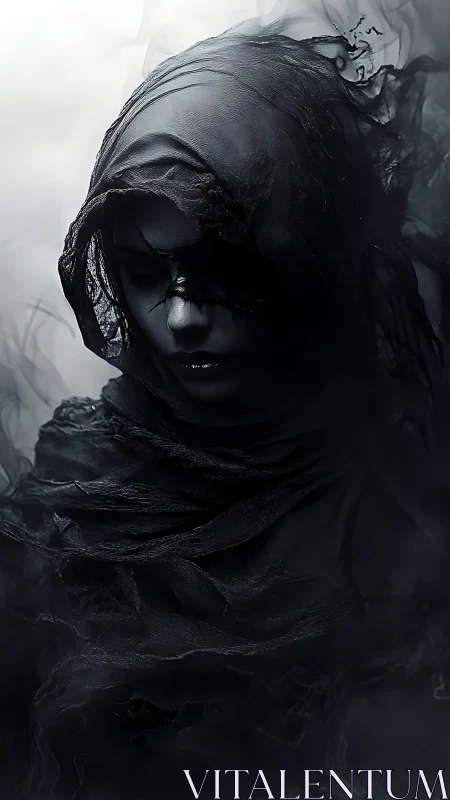 Shrouded wraith portrait in swirling black spectral veils.
