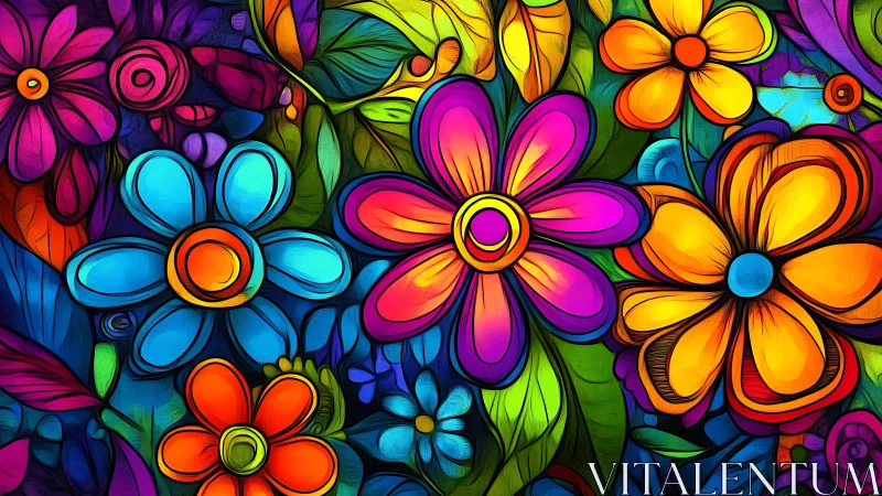 Vibrant Stained Glass Flora: Multihued Digital Floral Composition with Neon Overlays.