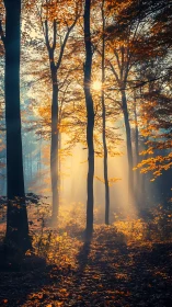 Autumn Forest Sunrise Through Golden Mist.