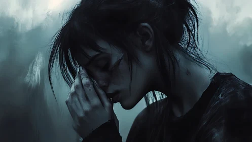 Woman in profile with closed eyes in cold blue light.