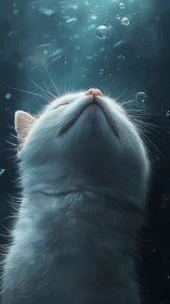 White Cat Head Looking Upward Underwater Bubble Scene