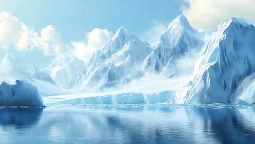 Snow covered polar mountains and icebergs above still water.