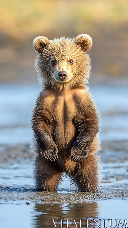 Brown bear cub stands upright on wet shoreline in daylight