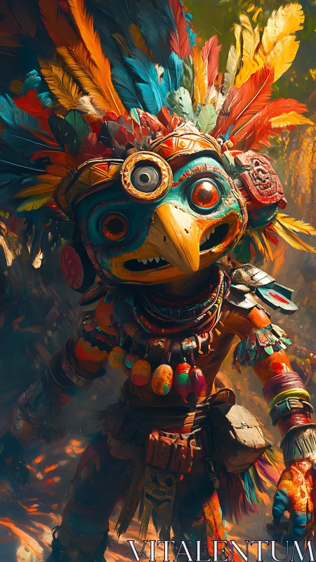 Feathered jungle trickster in radiant tribal battle regalia.