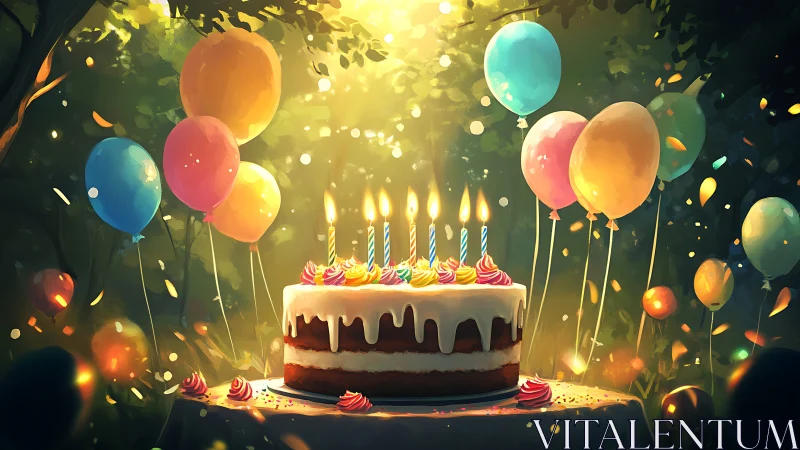 Celebratory Layer Cake Glows Against Enchanted Forest Backdrop