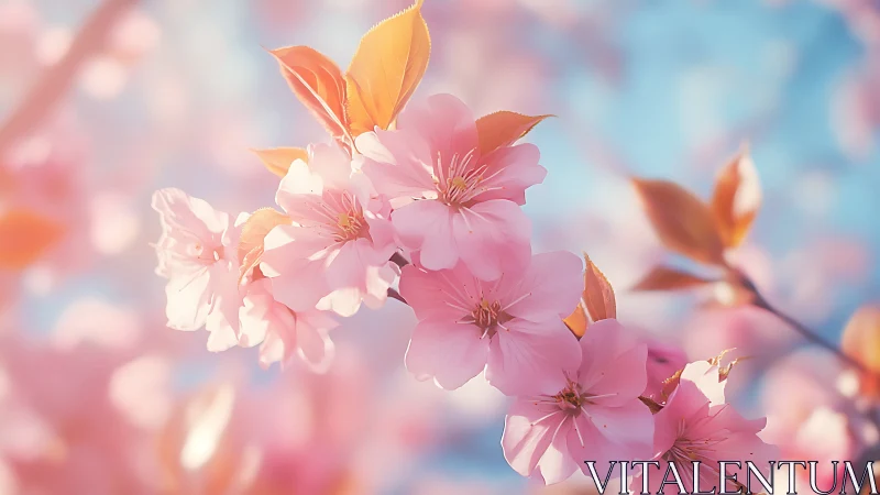 Pink Cherry Blossoms Illuminated by Soft Sunlight.