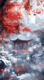 Snowy red maple garden with tranquil riverside pavilion.