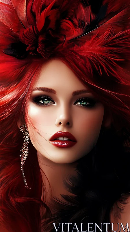 Red feathered portrait of woman with vivid green eyes.