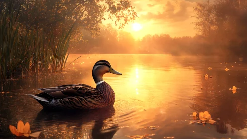 Sunlit lake wanderer drifting through molten gold dusk.