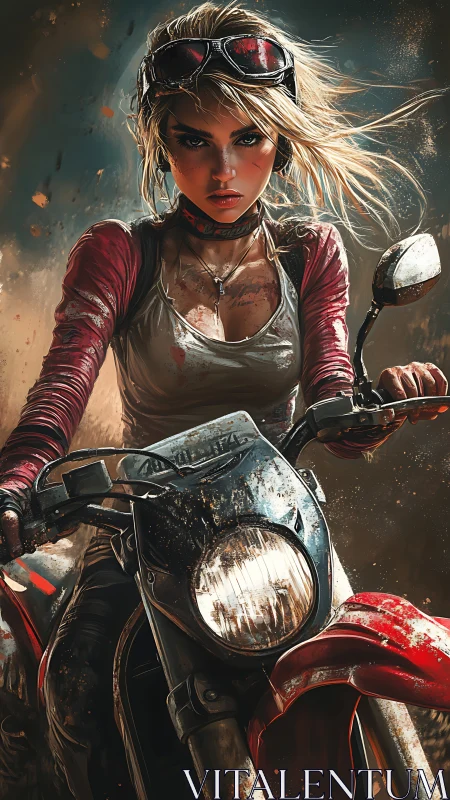 Dust‑streaked biker girl rides into stormlit chaos.