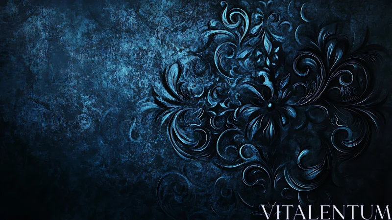 Midnight baroque flourishes on textured sapphire canvas.