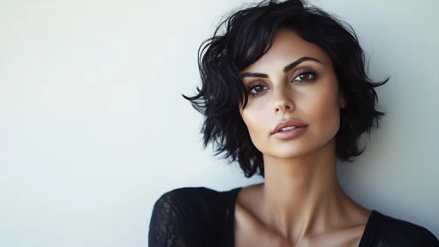 Elegant woman with short wavy hair in modern portrait photography style.