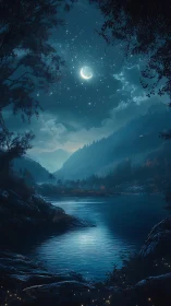 Moonlit alpine lake glows beneath a crescent sky at night.