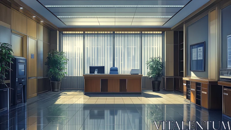 Modern executive office interior with central desk focus.