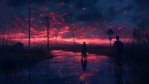 Twilight bike ride beneath glowing sparks of a rainy sky.