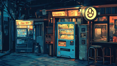 Neon-lit Tokyo vending corner in stylized nocturne hues.