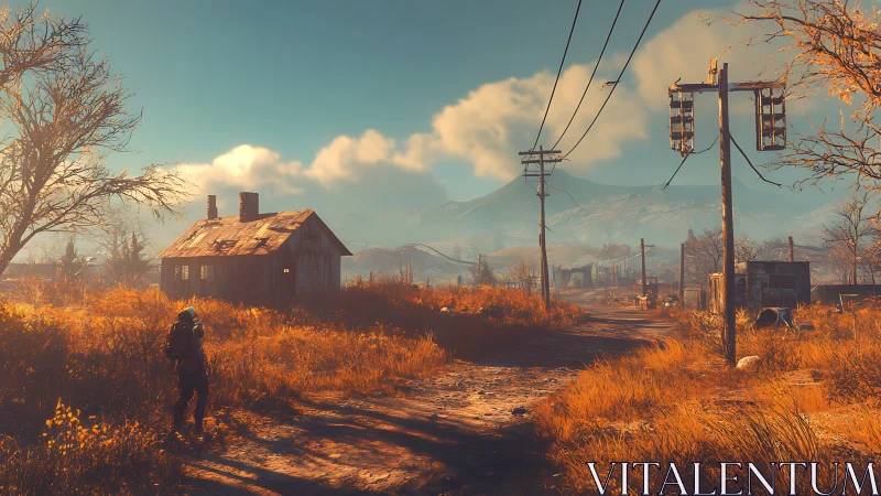 Sunlit autumn path winding past a quiet rustic cabin.