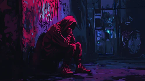 Hooded figure in neon alley rendered with high-contrast lighting