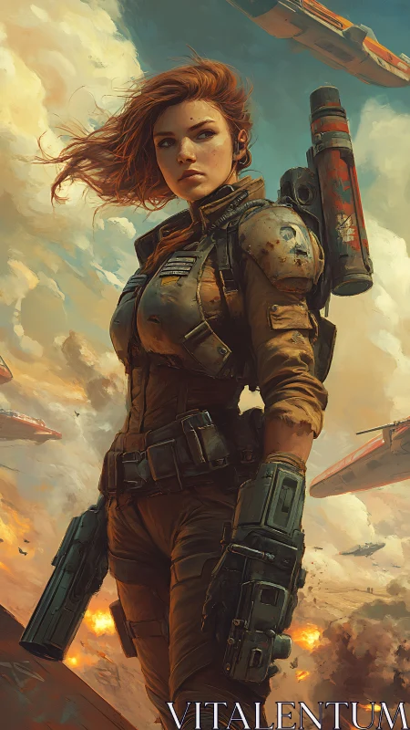 Armored red-haired soldier stands amid aerial battle