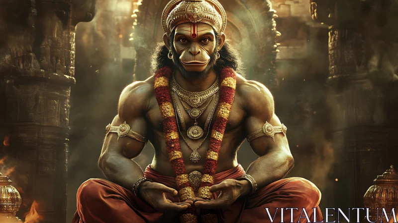 Powerful Hanuman depiction in ornate temple setting.