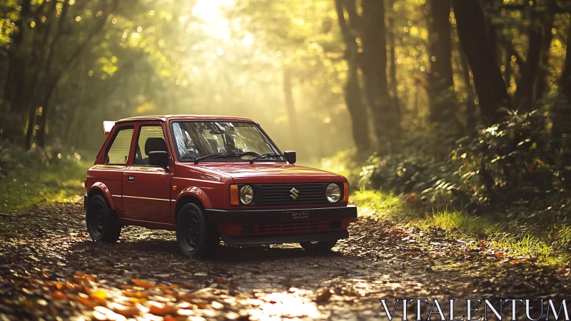 Red compact hatchback on forest trail in soft golden backlight