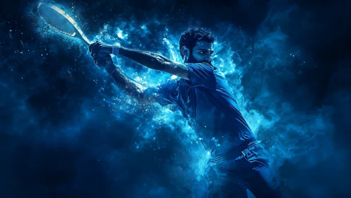 Electric tennis swing in blue particle storm motion.