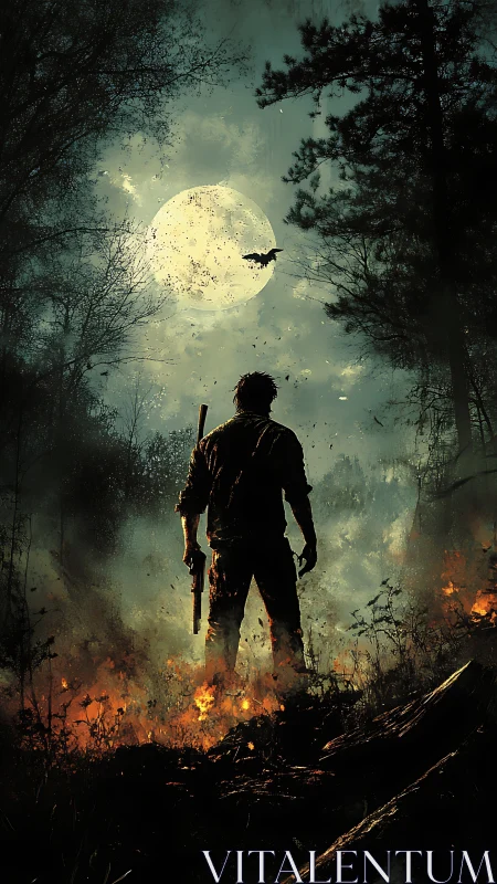 Lone armed survivor confronts a burning forest under full moon.