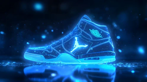 Futuristic glowing sneaker in neon blue, digital art style.