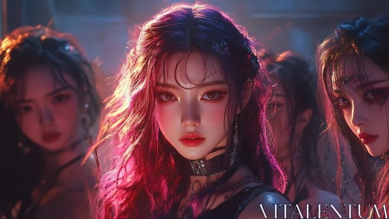 Neon-eyed siren leads a shadowy chorus of cyber goth muses