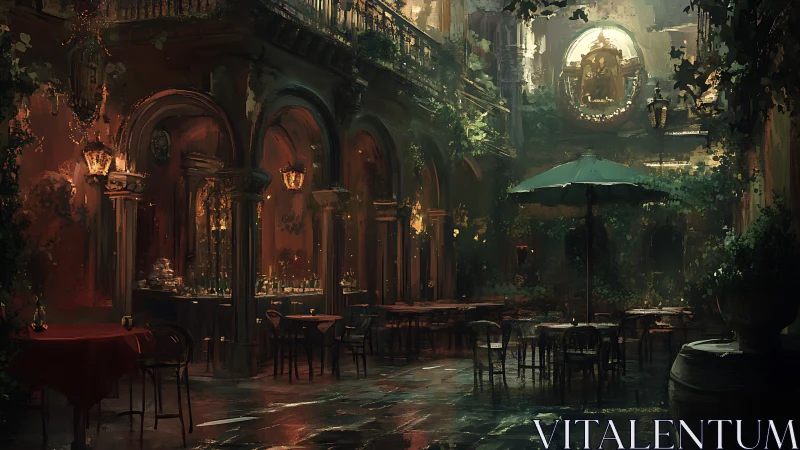 Rain slick courtyard caf&eacute; under warm lantern glow and overgrown arches