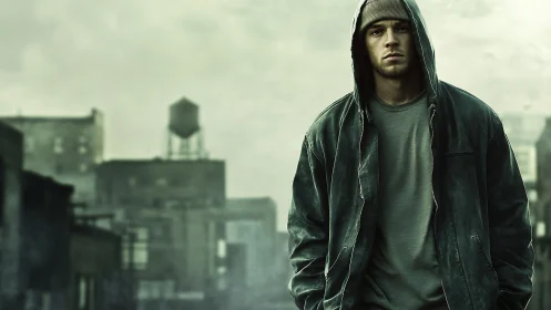 Hooded man stands in front of hazy urban rooftop skyline