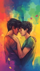 Two Figures in Intimate Embrace with Dynamic Chromatic Gradient Backdrop