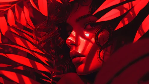 Female face partially obscured by red foliage and shadows.