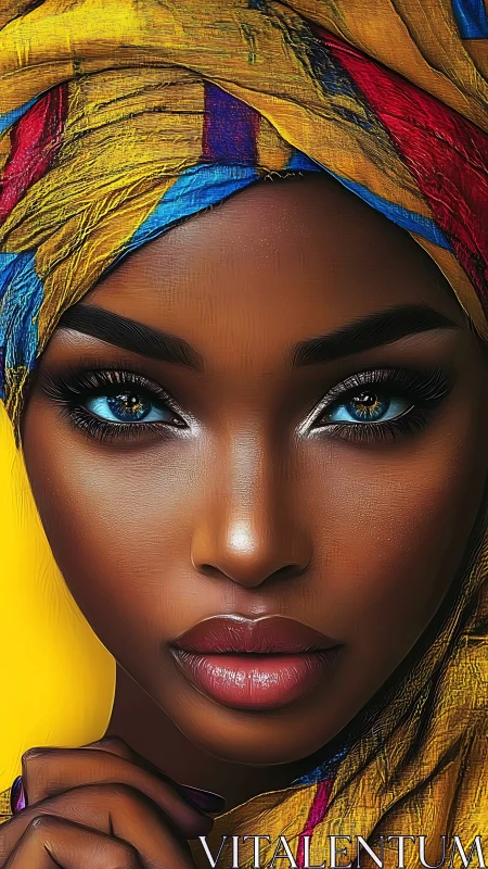 Hyper-detailed portrait shows high-contrast lighting on vibrant headwrap