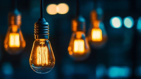 Warm Edison bulbs glowing softly in a deep blue hush.