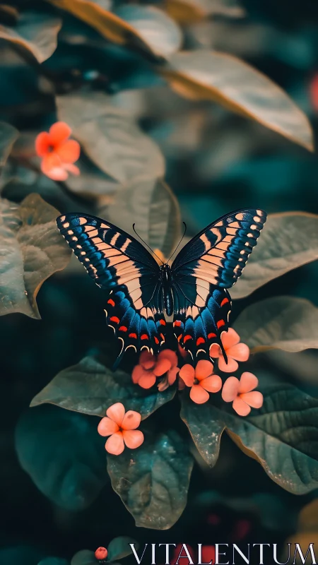 Macro study of swallowtail butterfly on coral florets.