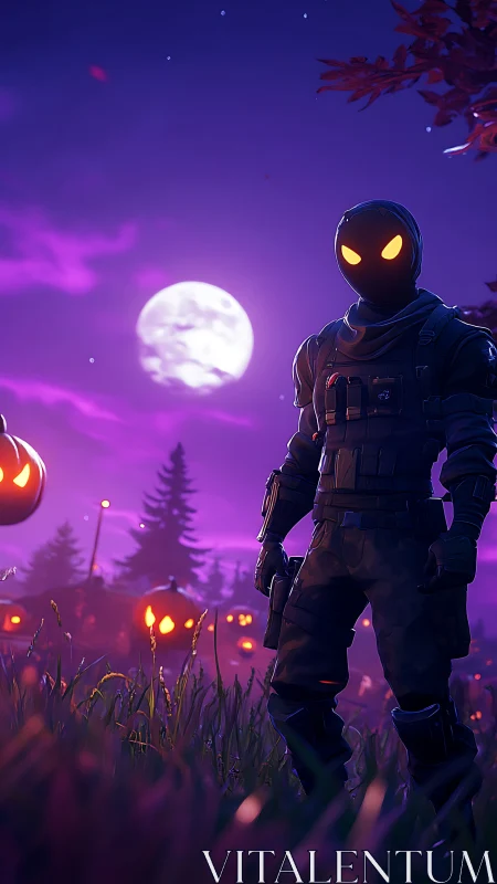 Luminous-eyed stealth operative in moonlit spectral pumpkin field.