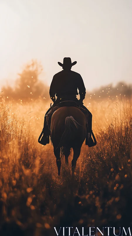 Backlit cowboy silhouette on horseback crossing sunlit tall grass field