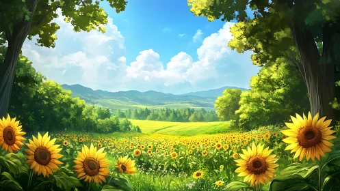 Sunlit sunflower meadow opens onto rolling summer hills