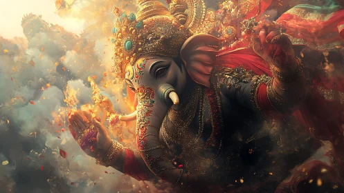 Majestic elephant-headed deity in swirling cosmic bloom.