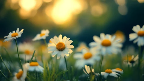 Daisies in meadow with bokeh background lighting.