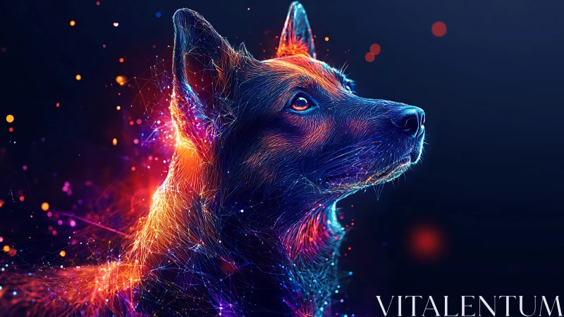Neon spectrum canine portrait with luminous particle contours