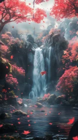 Red forest waterfall framed by bright autumn foliage.