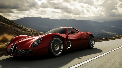 Red sports coupe travels along mountain highway in sunlight