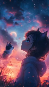Cat-eared girl watches glowing sky beside floating cat