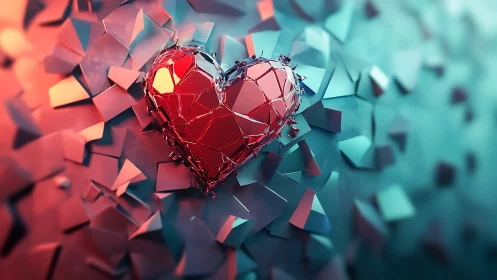 Red crystalline heart form amid fragmented geometric structures.