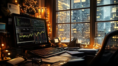 Cozy winter trading desk glowing against snowy city lights.