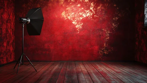 Studio strobe light faces textured red wall in empty room